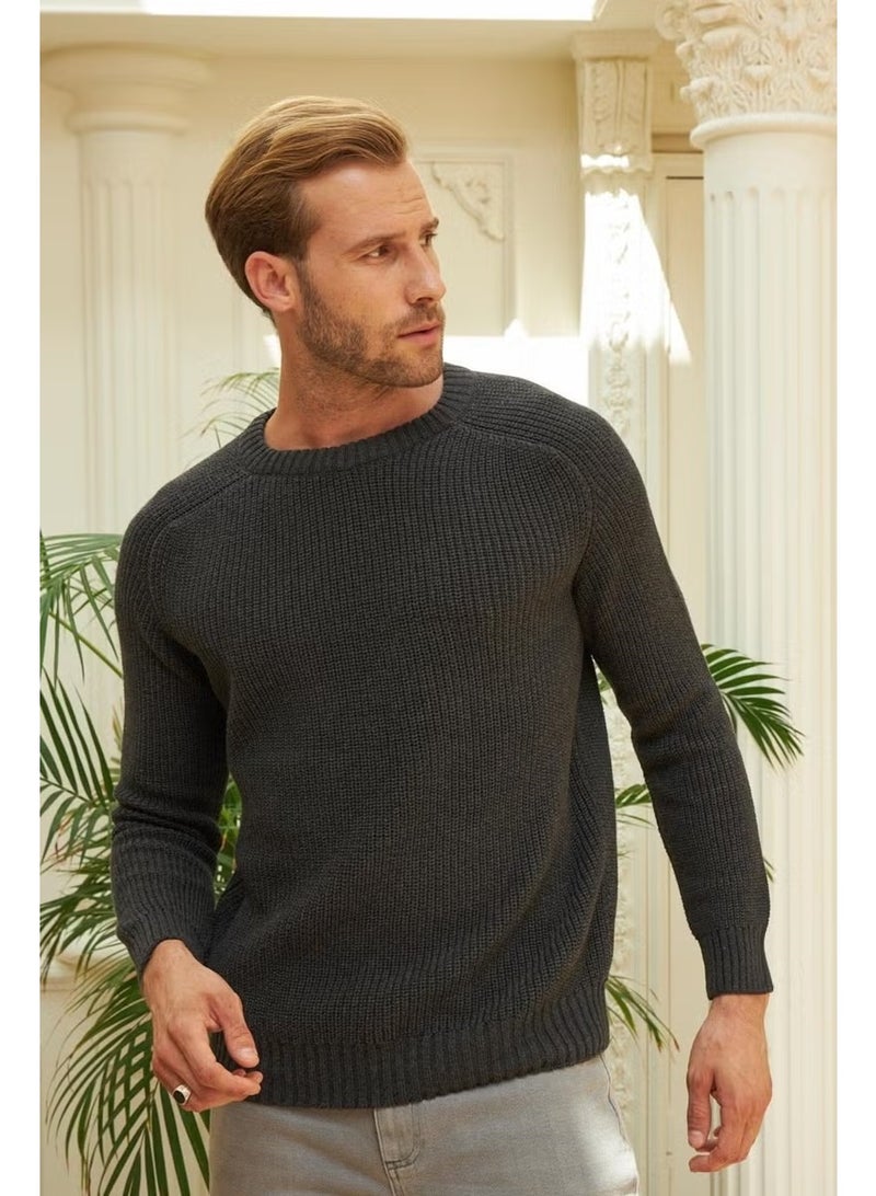 Odelon Crew Neck Selanik Knitted Cotton Men's Anthracite Knitwear Sweater - Image 1